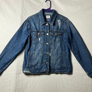 Wax Jean Denim Jacket Womens S 90091 Medium Wash Distressed EUC